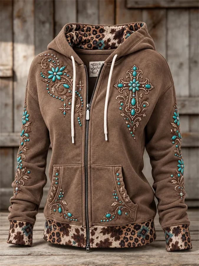 Women's Vintage Western Turquoise Cross & Bull Skull Leopard Print Full Zip Hoodie