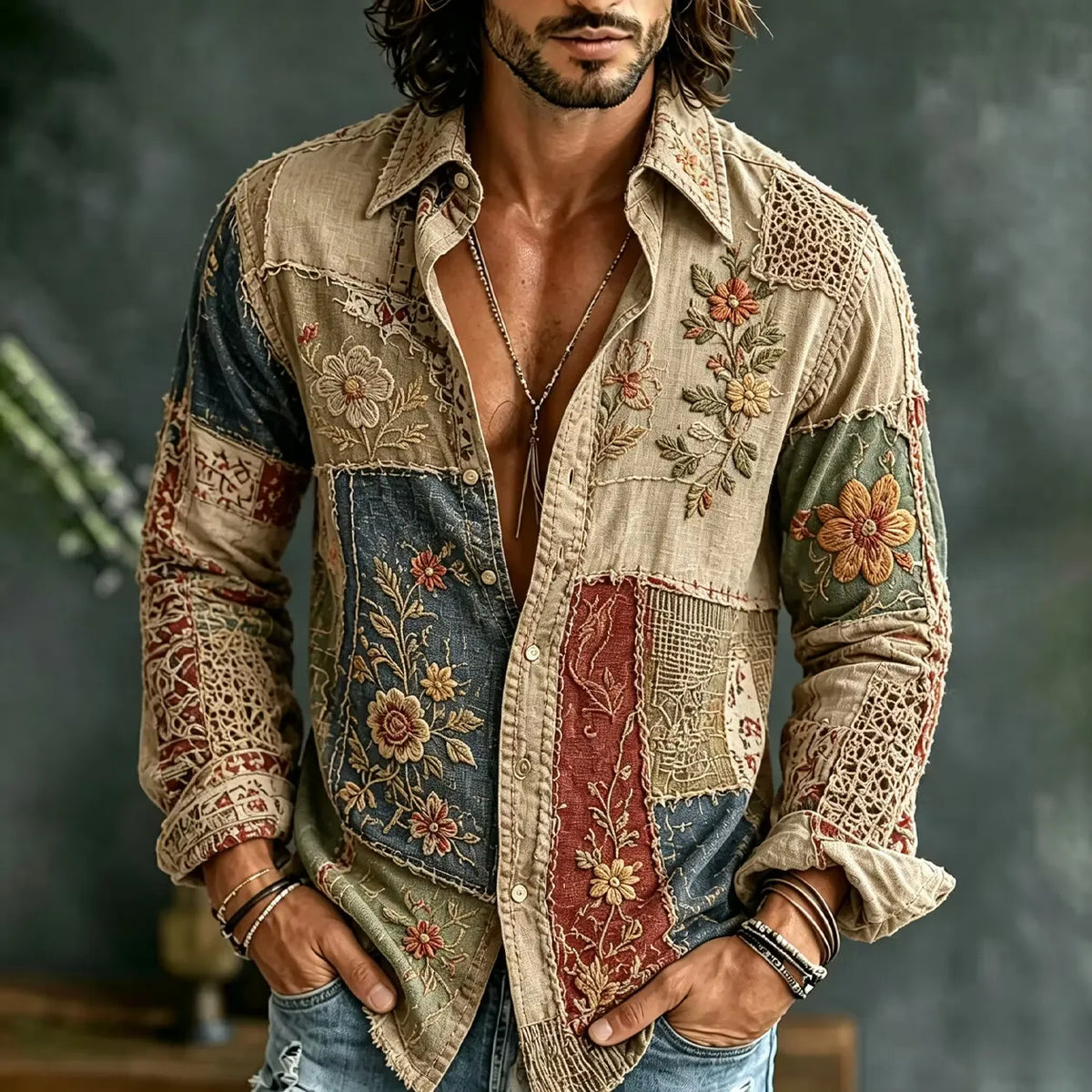Men's Boho Style Retro Floral Colorblock Print Shirt