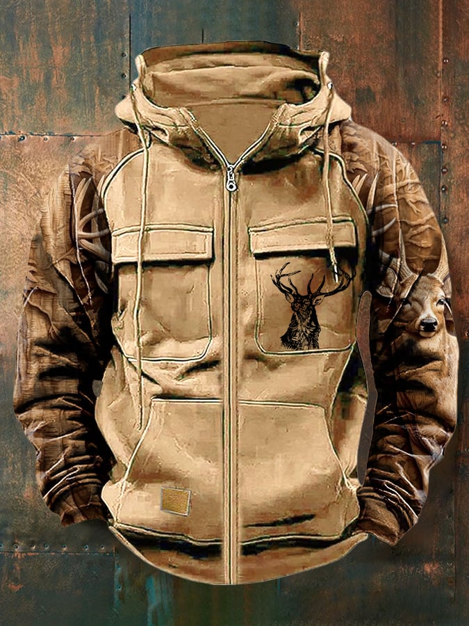 Men's Vintage Western Deer Print Multi-Pocket Jacket