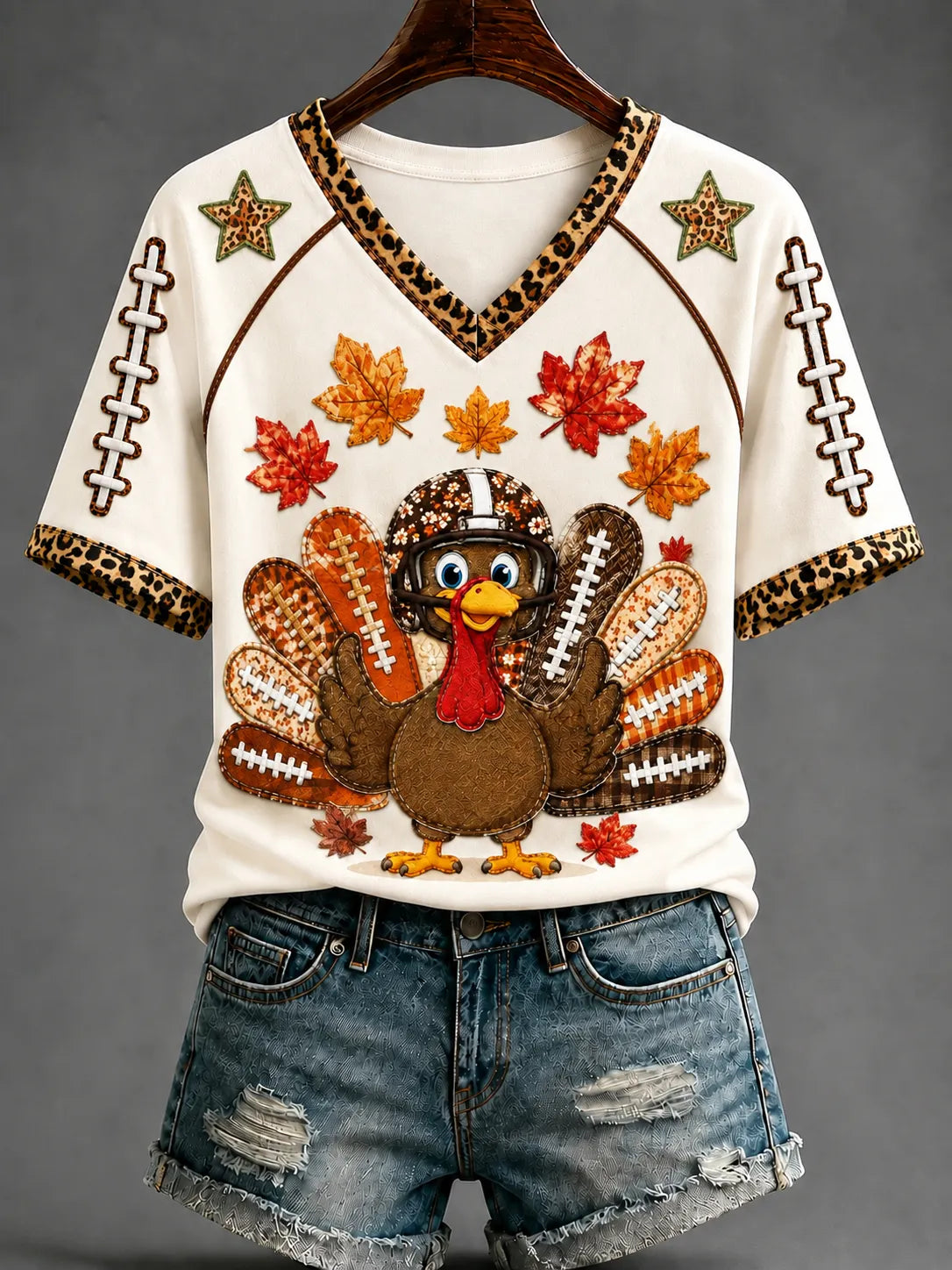 Women's Fun Turkey Rugby V-neck Off-shoulder Short-sleeved T-shirt