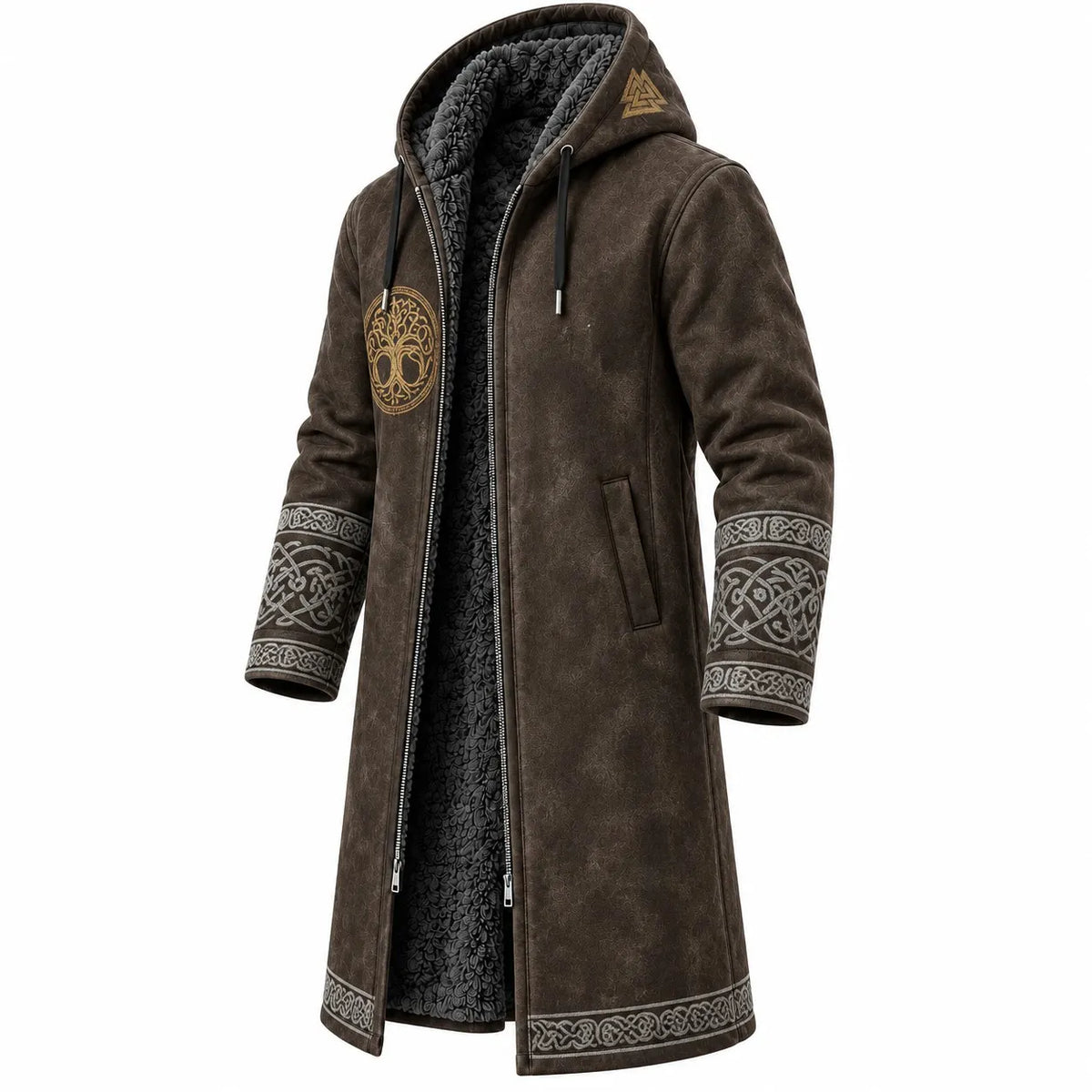 Viking-Style Totem Rune Printed Fleece-Lined Hooded Jacket
