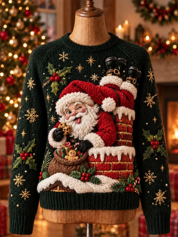 Women's Fun Down Santa Climbing Chimney Cookie Gift Bag Holly Snowflake Print Knit Sweatshirt