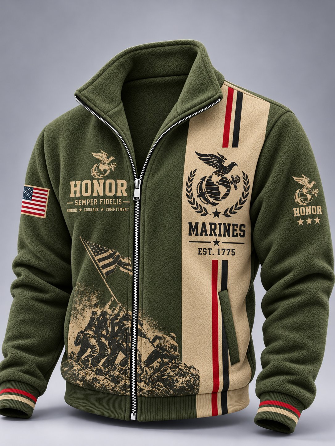 Men's Veterans Marines Art Print Zip-Up Stand Collar Jacket