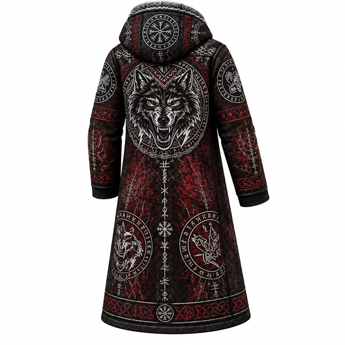 Black Viking Wolf Rune Fleece-Lined Long Coat