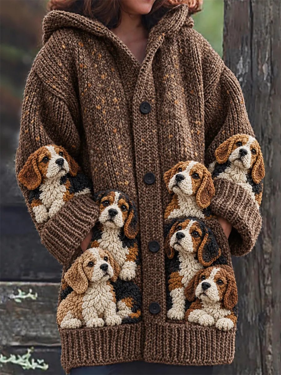 Women's Crowded Beagle Print Comfortable Composite Fleece Long Coat