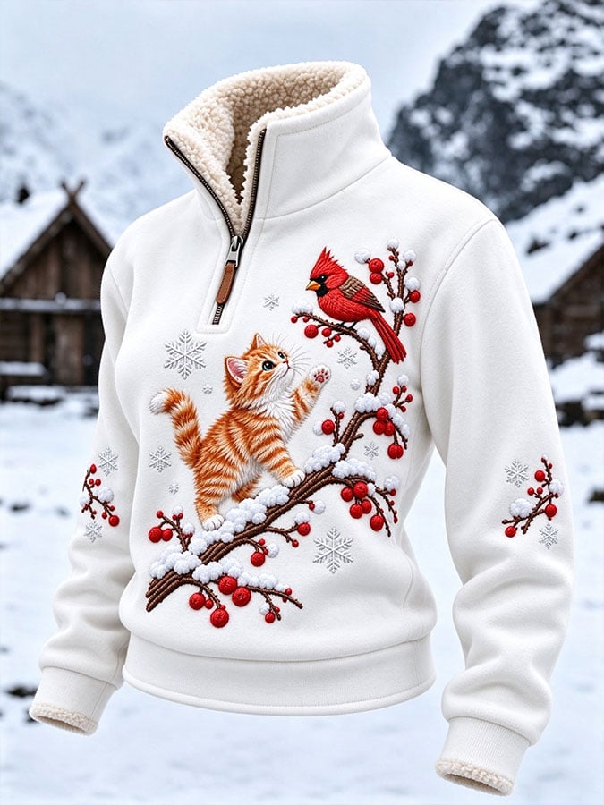 Women’s Casual Christmas-Themed Long-Sleeve Sweatshirt with Faux Fur Collar Trim