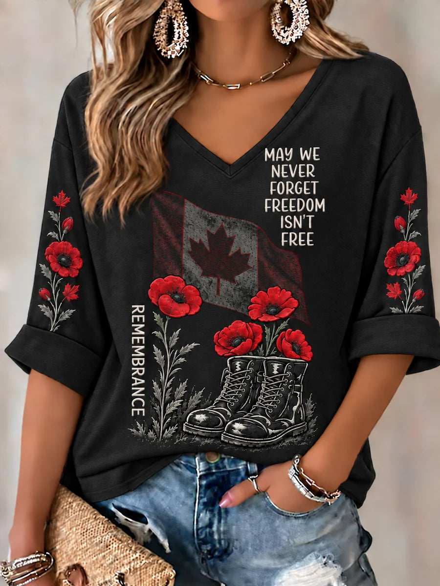 Women's Lest We Forget Canada Remembrance Day Print Mid-length Sleeves V-Neck T-Shirt