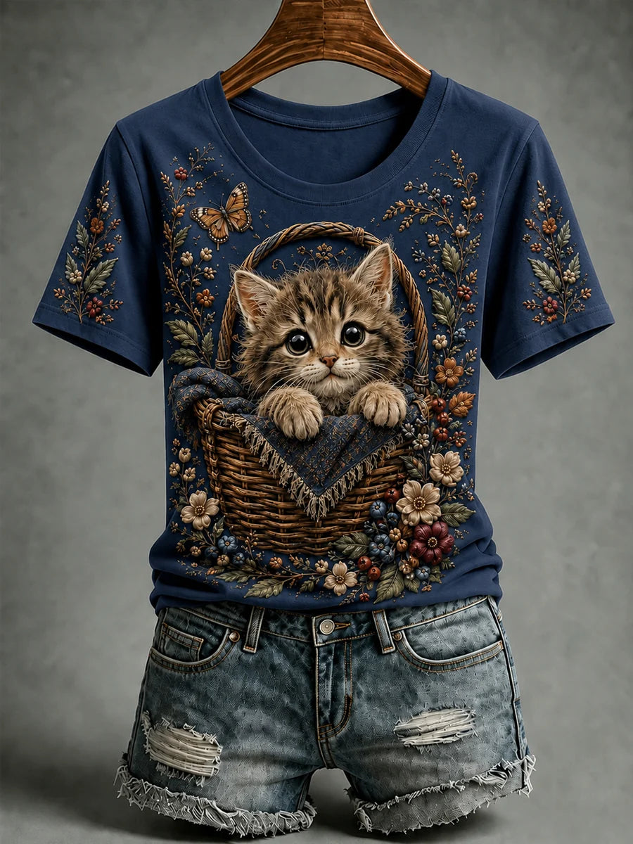 Women's Autumn Cute Cat Art Short Sleeve T-shirt