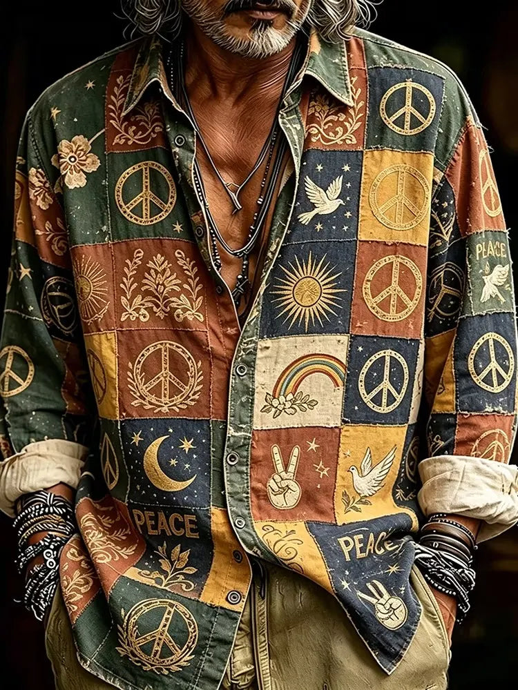 Men's Peace Text Floral Star Splice Print Long Sleeve Shirt