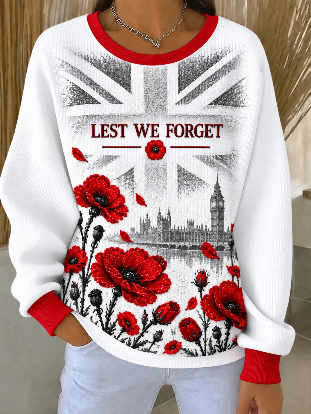 Women's Remembrance Day Ribbed Round-Neck Sweatshirt
