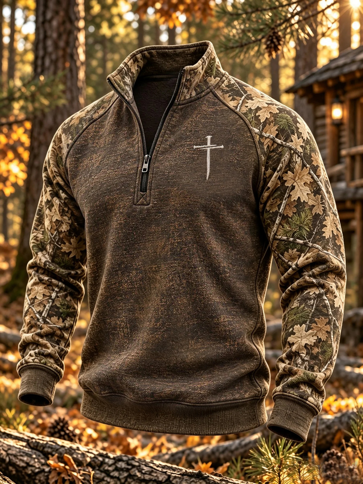 Men's Autumn/Winter Zip-Up Sweatshirt – Distressed "Jungle Faith" Camouflage Print