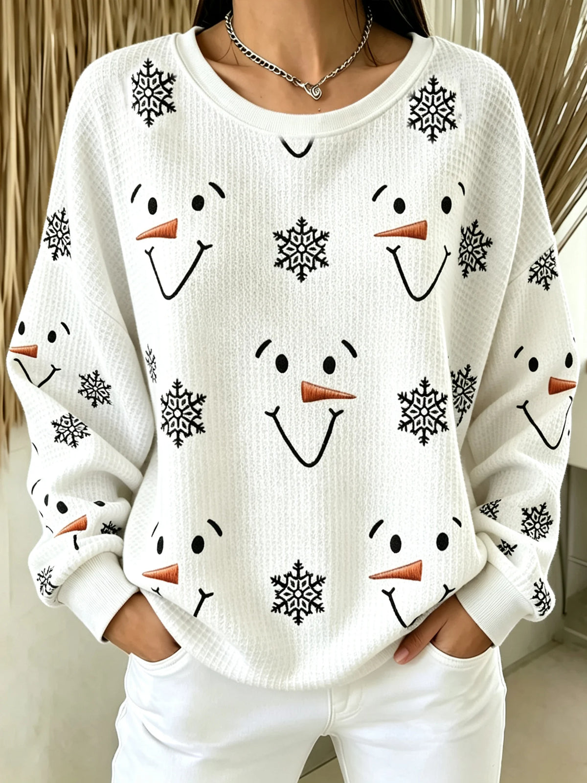 Women's Casual Printed Waffle Long-Sleeve Top