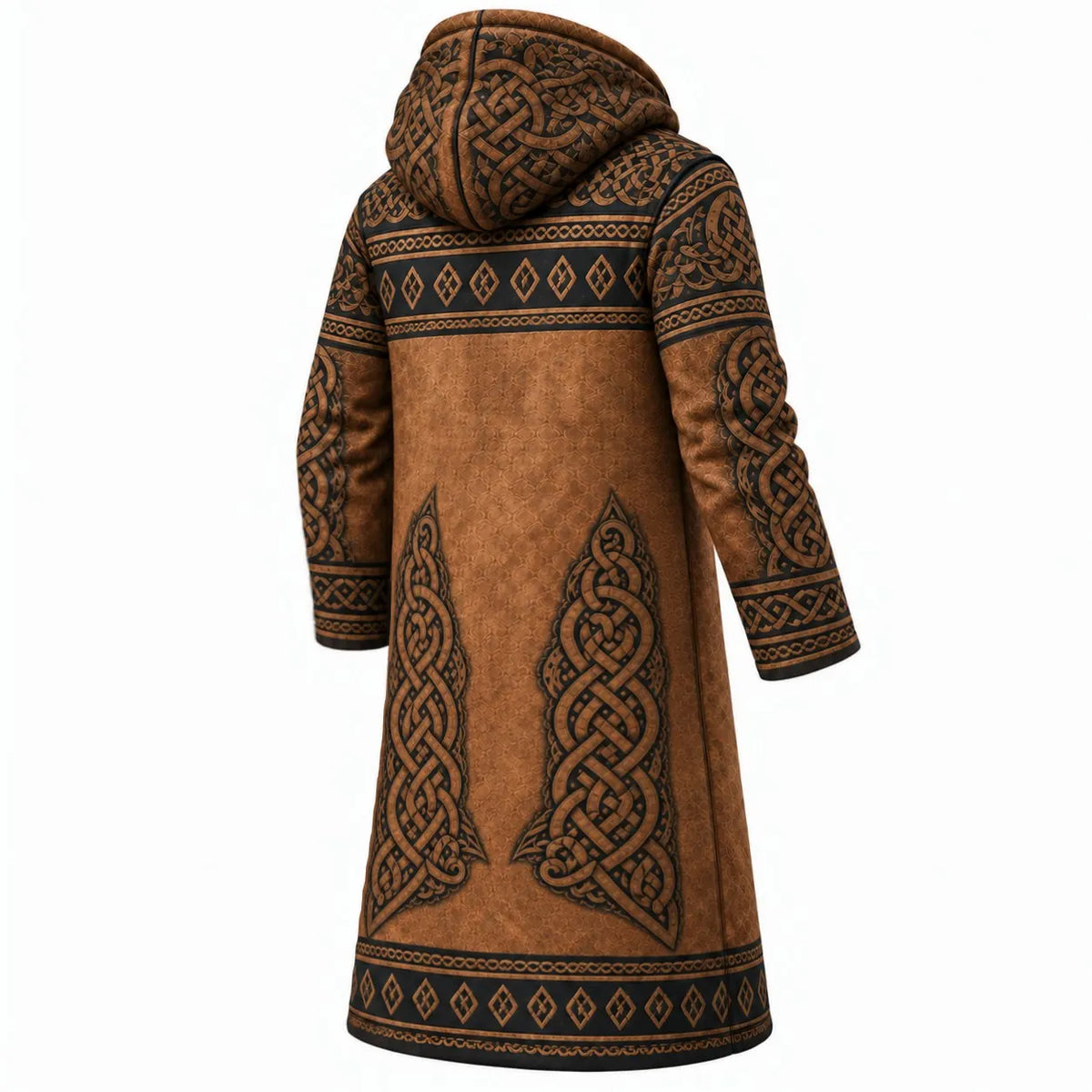 Brown Gold Nordic Ornament Print Longline Hooded Fleece Coat