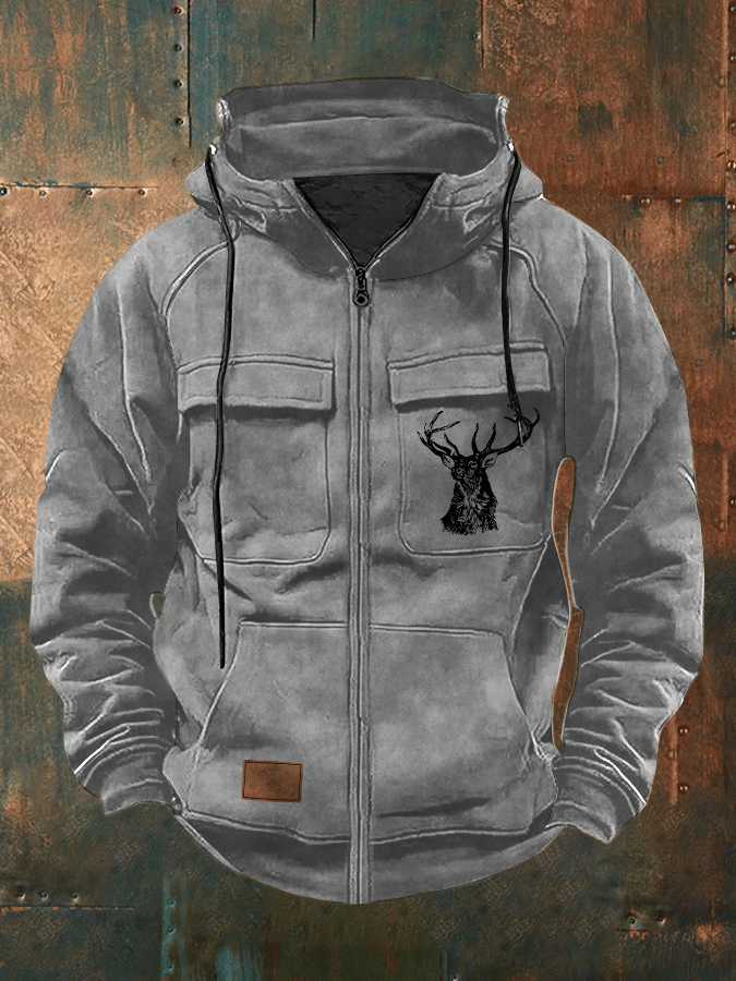 Men's Retro Western Elk Print Multi-Pocket Hooded Zip-Up Sweatshirt