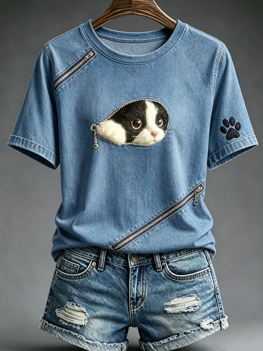 Women's Animal Cat Zipper Printed Vintage Fashion Loose Short Sleeve T-Shirt