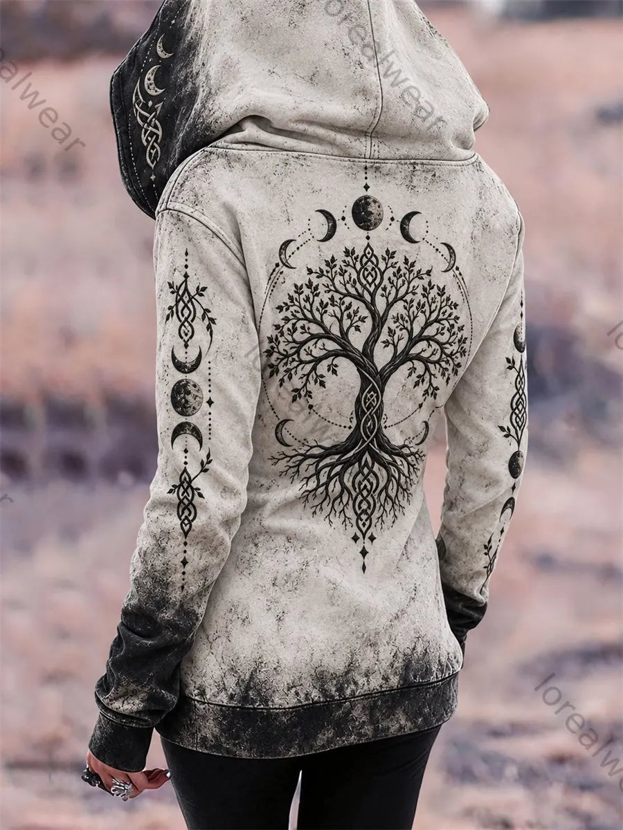 Women's Vintage Viking Tree of Life Moon Phase Celtic Knot Print Full Zip Hoodie