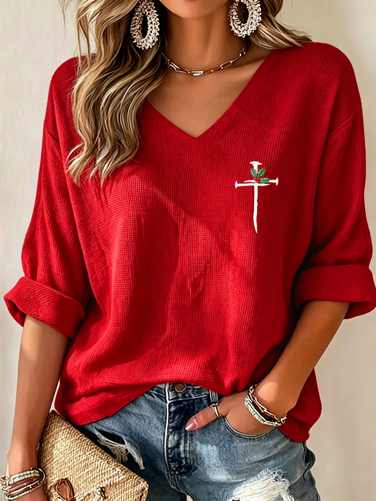 Women's Christmas Faith Print Waffle-Knit Top