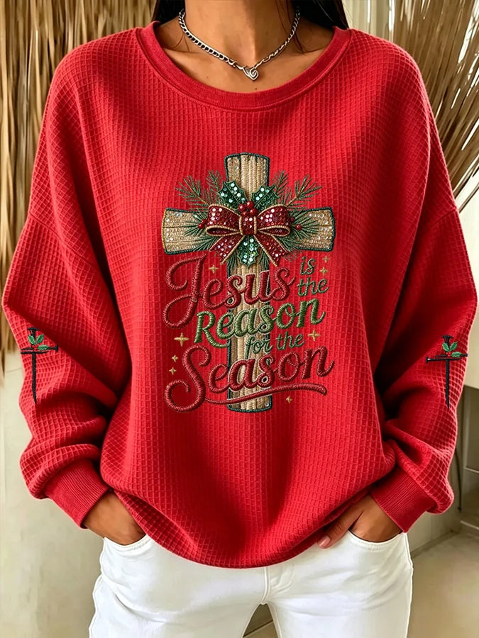 Women's Christmas Faith Print Casual Waffle Long-Sleeve Top