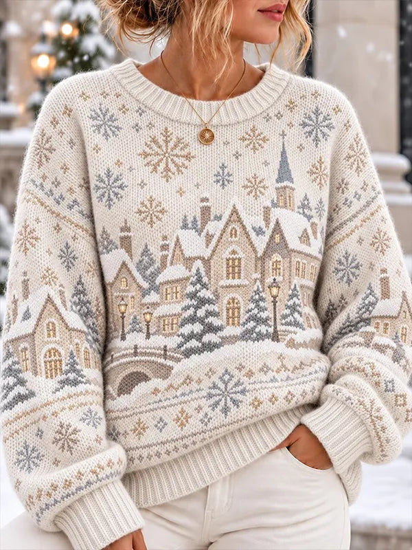 Women's Winter Village Snowflake Print Knit Sweater