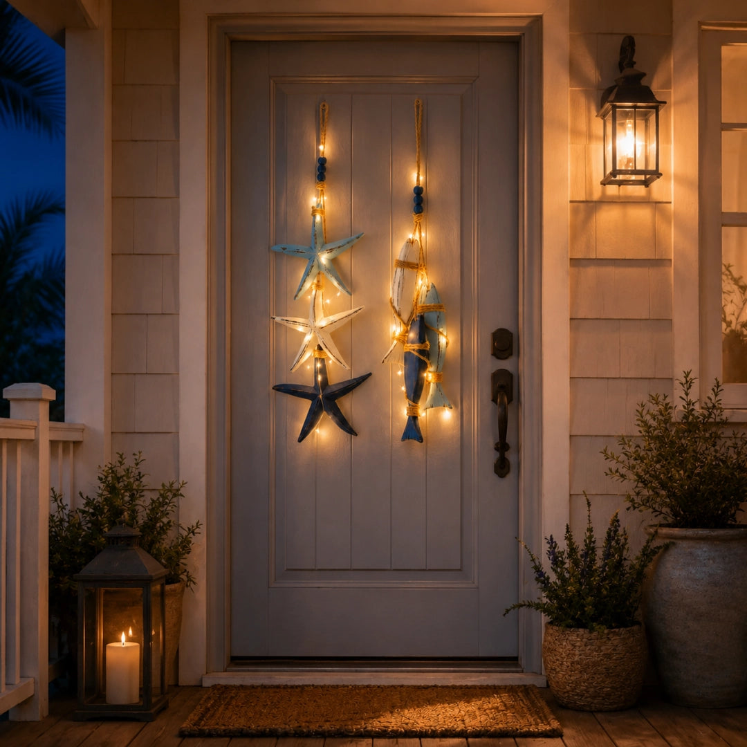 Lighted Coastal Wooden Hanging Decor - Starfish & Fish Wall Ornament