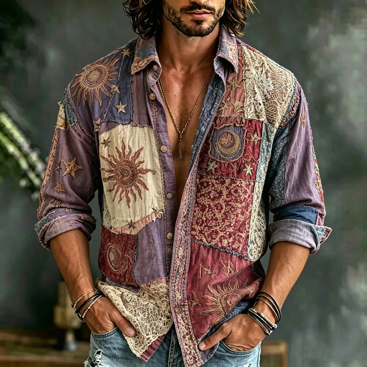 Men's Bohemian Sun and Star Patchwork Print Shirt