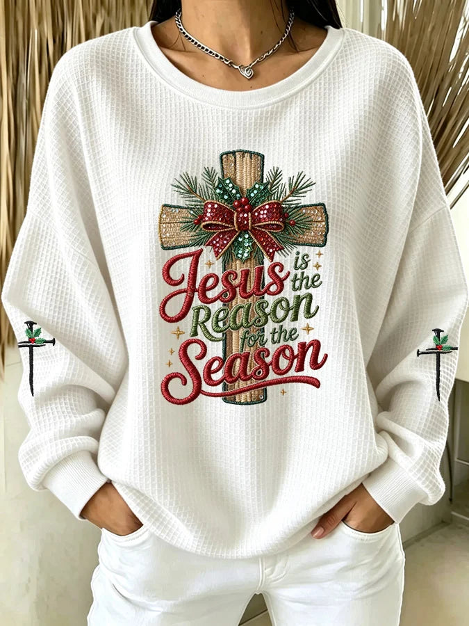 Women's Christmas Faith Print Casual Waffle Long-Sleeve Top