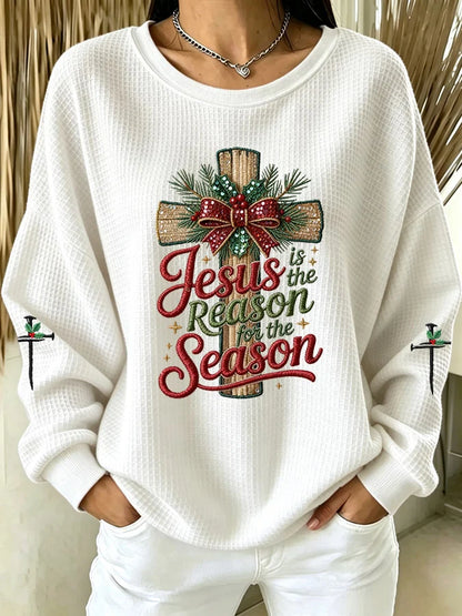 Women's Christmas Faith Print Casual Waffle Long-Sleeve Top