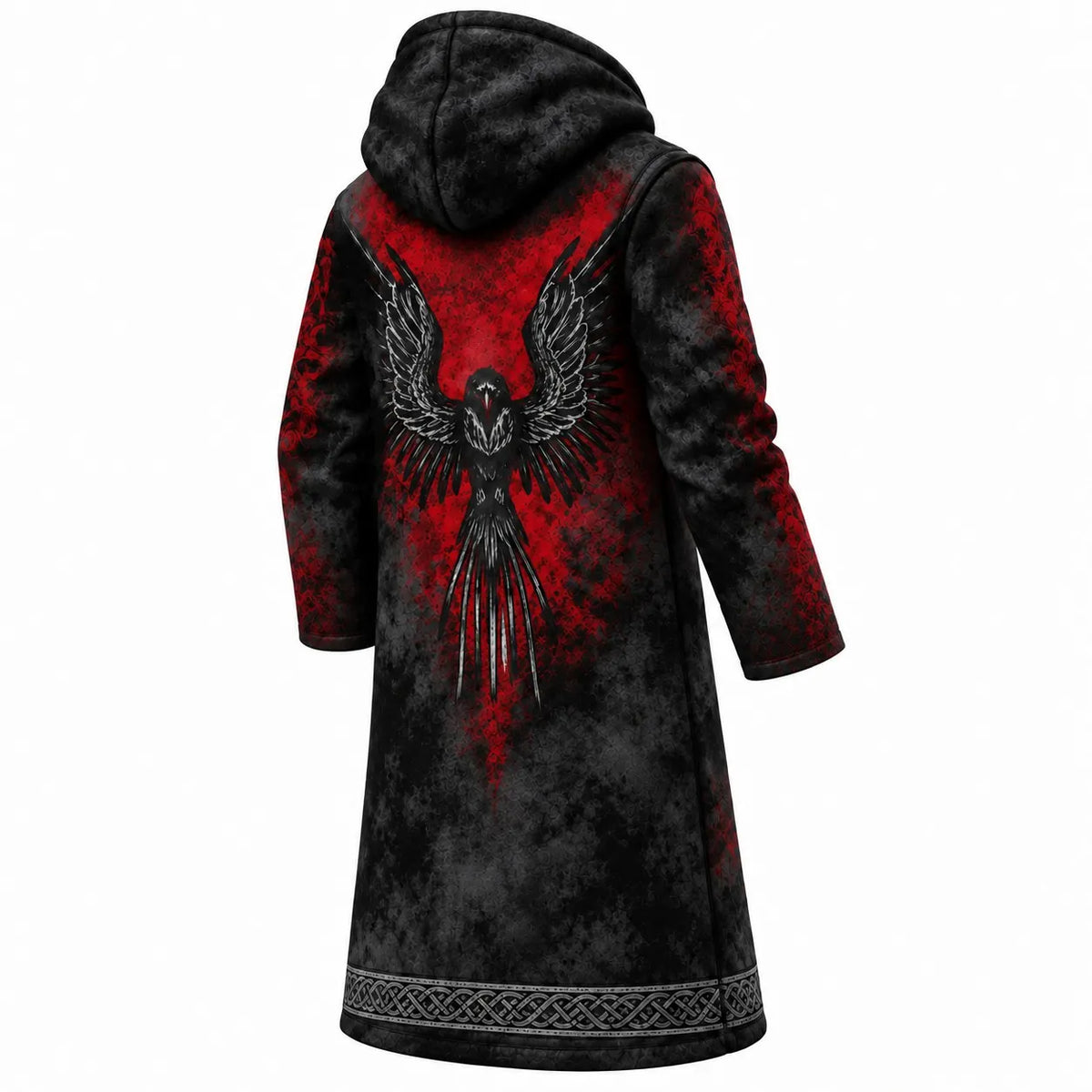 Viking Dark Crow Totem Red Gradient Print Fleece-Lined Hooded Jacket