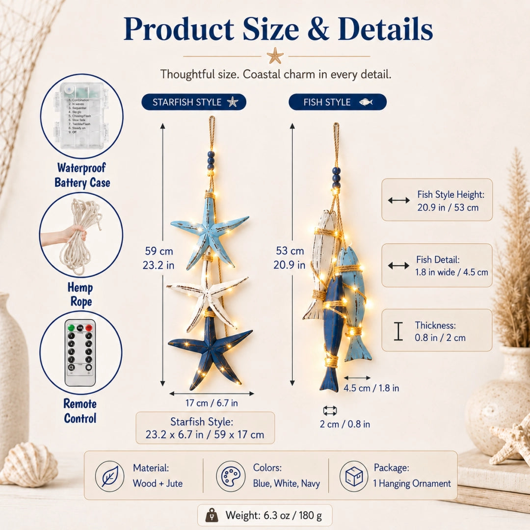 Lighted Coastal Wooden Hanging Decor - Starfish & Fish Wall Ornament
