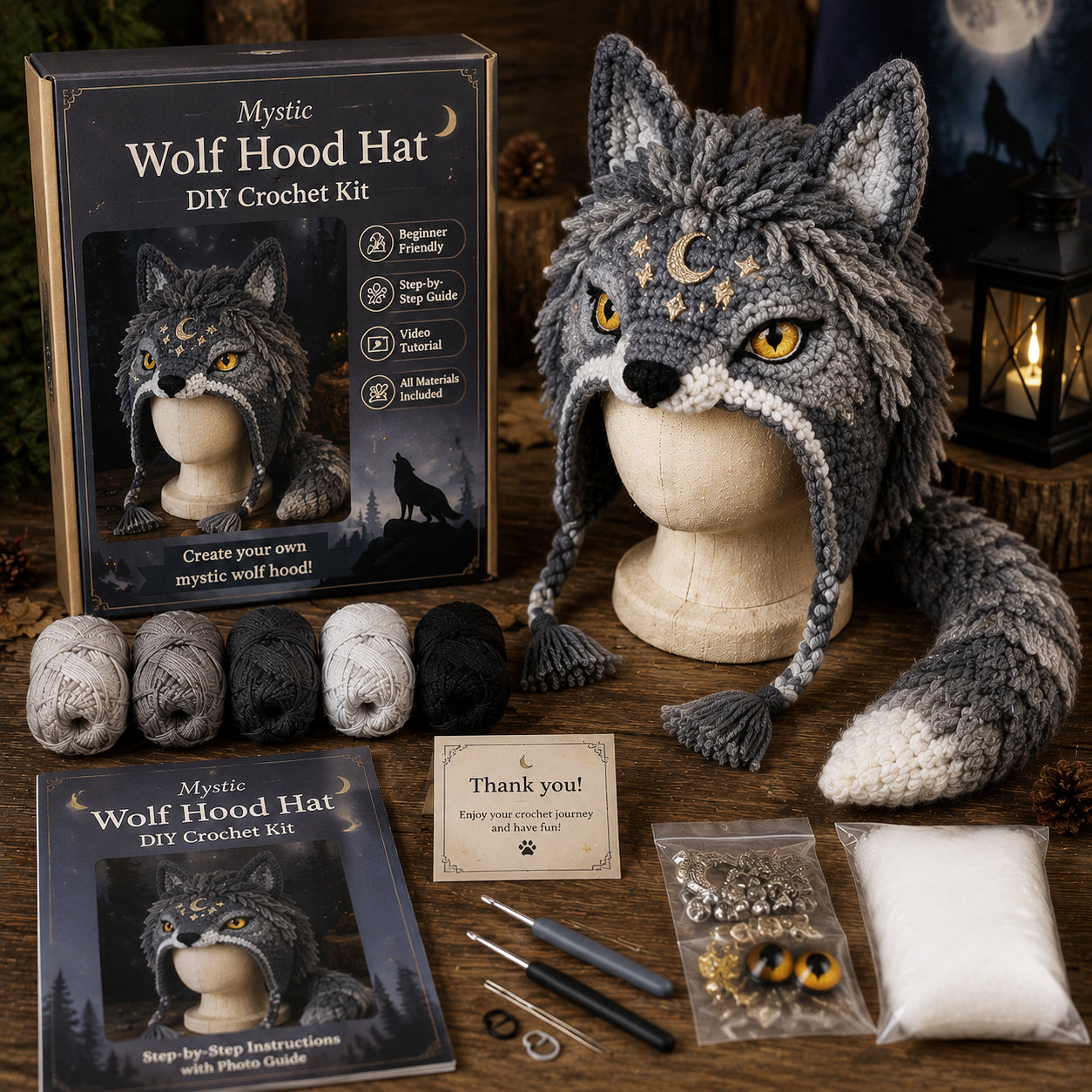 Mystic Wolf Hood Hat DIY Crochet Kit with gray yarn, tools and accessories