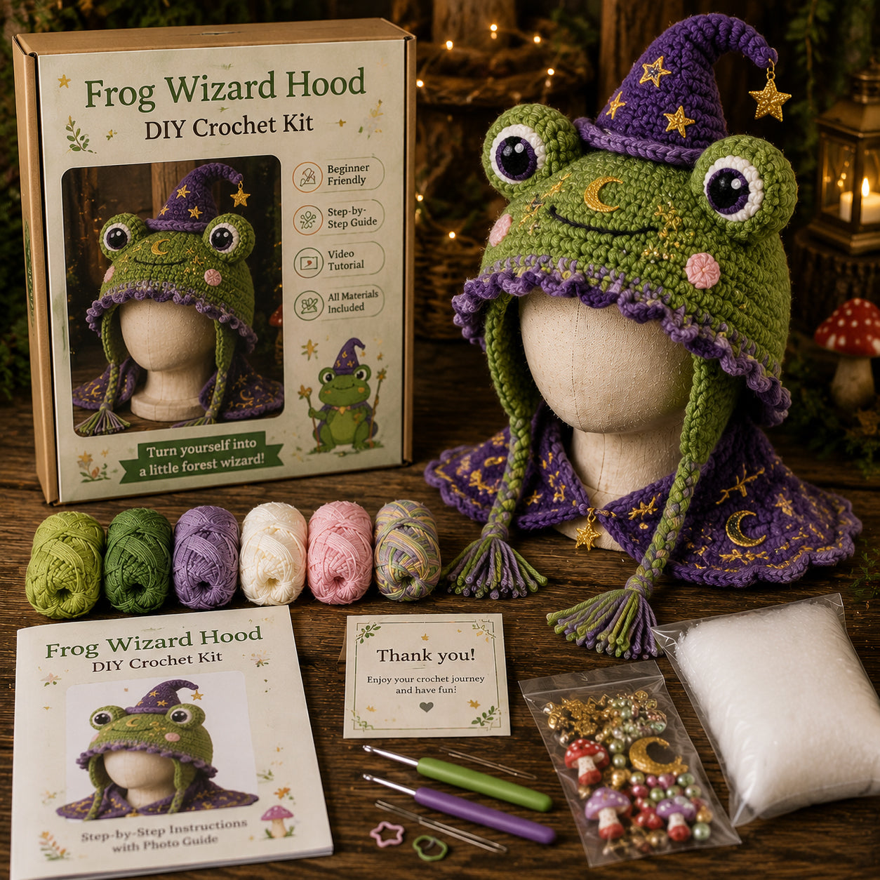 Frog Wizard Hood DIY Crochet Kit with green and purple yarn and accessories