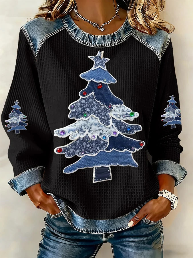Women's Casual Western Christmas Tree Waffle Sweatshirt