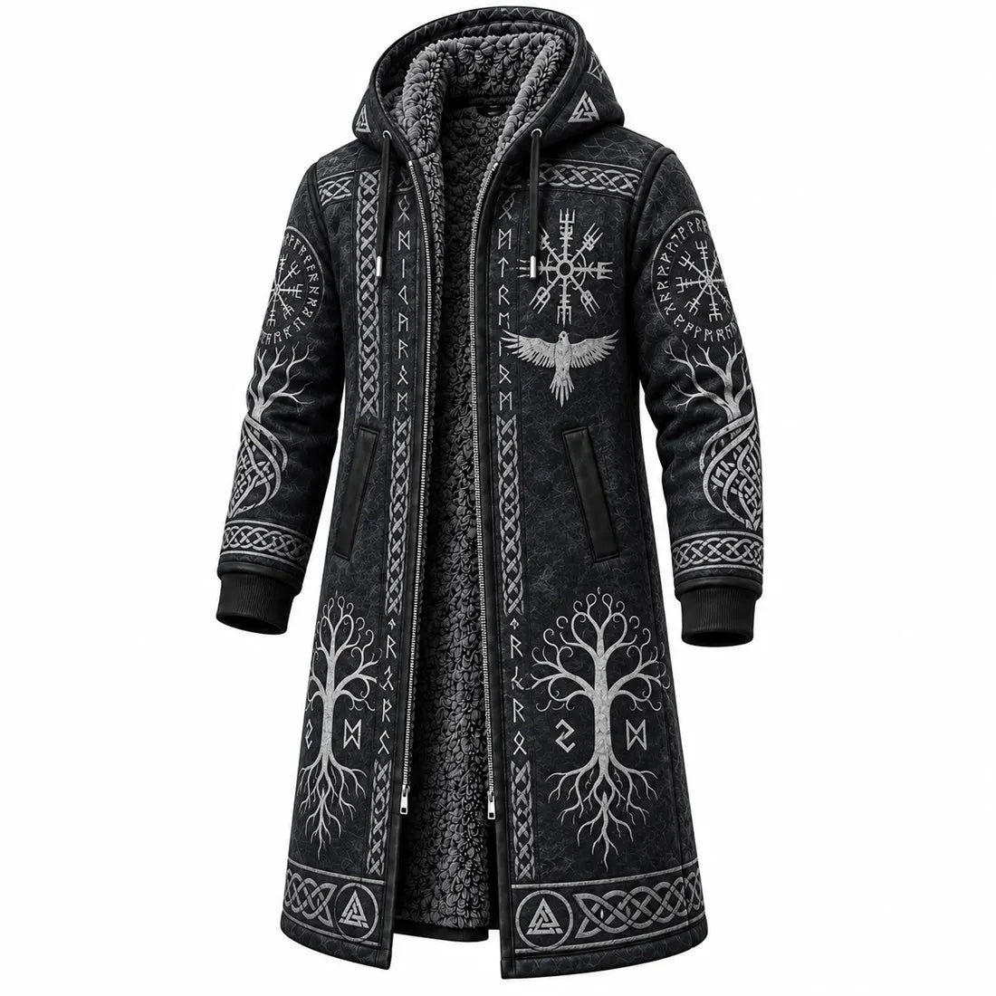 Black Viking Tree Raven Fleece-Lined Long Coat