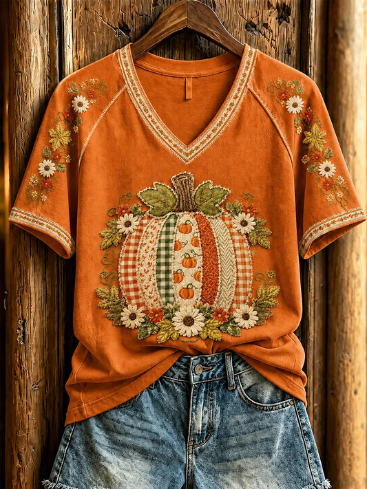 Women's Fall Pumpkin Print Casual T-Shirt