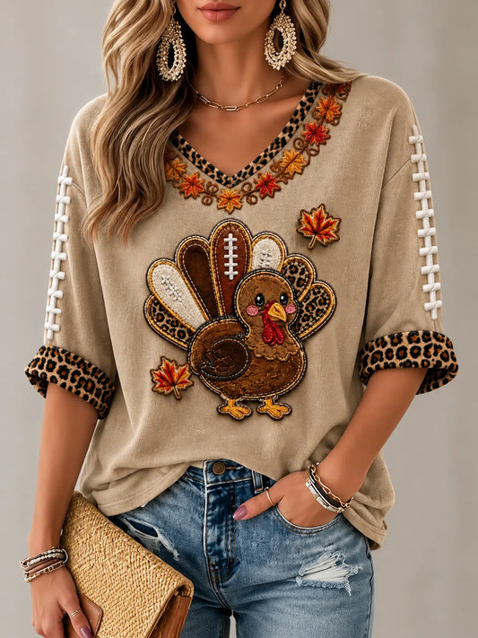 Women's Fun Turkey Rugby Mid-length Sleeves V-Neck T-Shirt