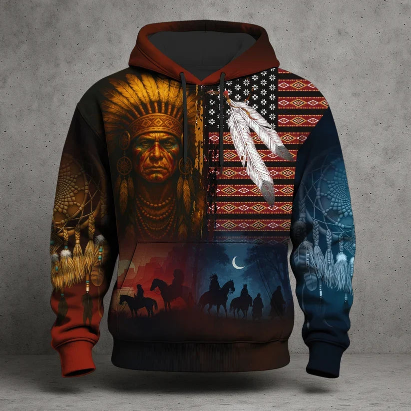 3D Hoodie Native American Faux Leather Vest Hoodie, Southwestern Tribal Eagle Feather Graphic