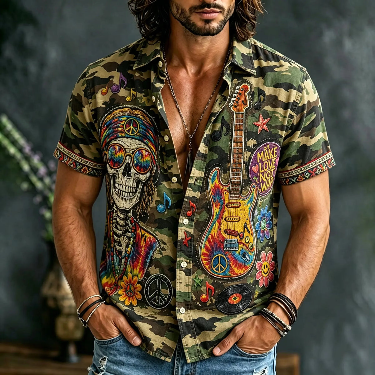 Men's Hippie Skull Guitar Rock Music Camo Print Short Sleeve Buttons Shirt