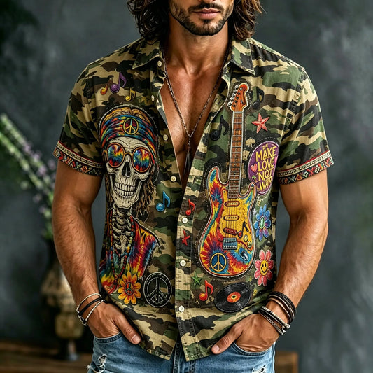 Men's Hippie Skull Guitar Rock Music Camo Print Short Sleeve Buttons Shirt