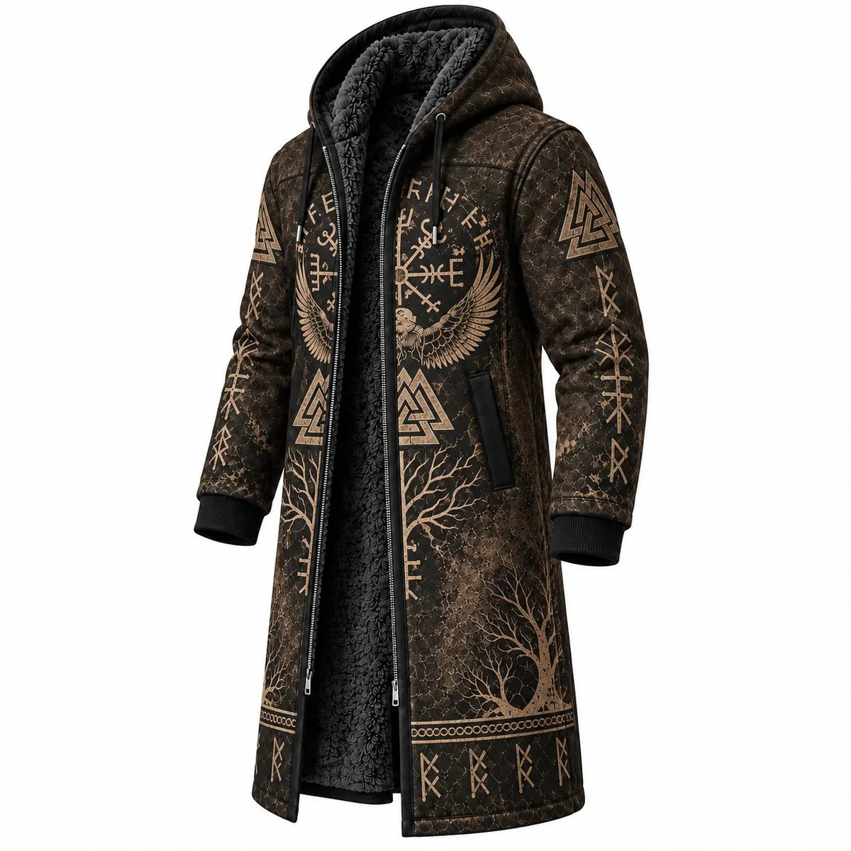 Brown Beige Rune Print Longline Hooded Fleece Coat