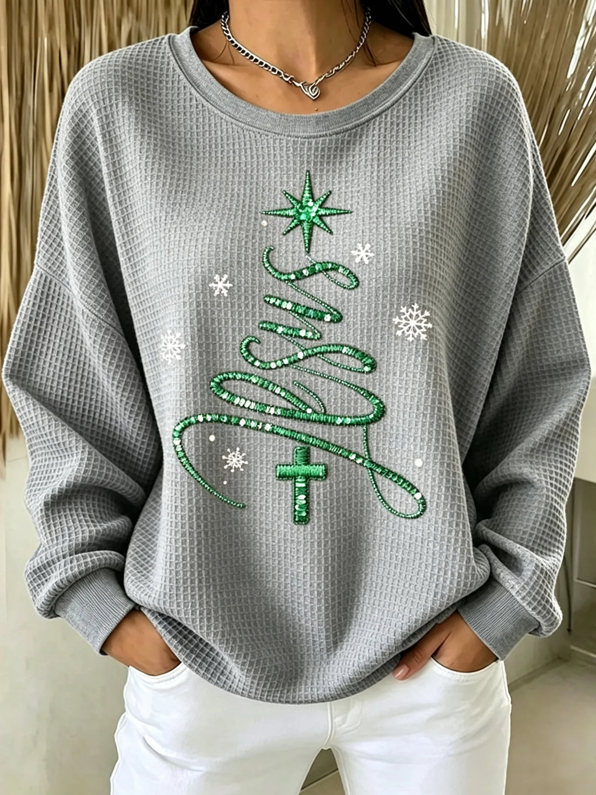 Women's Christmas Faith Print Casual Waffle Long-Sleeve Top