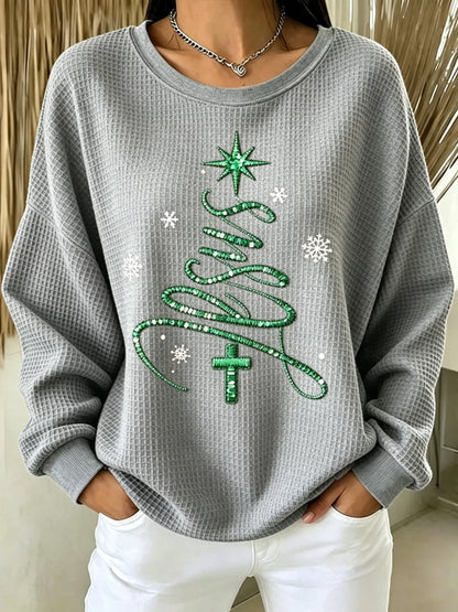 Women's Christmas Faith Print Casual Waffle Long-Sleeve Top