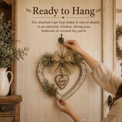 Rustic Farmhouse Heart Wall Decor with "Home" Sign - Ready-to-hang rope loop