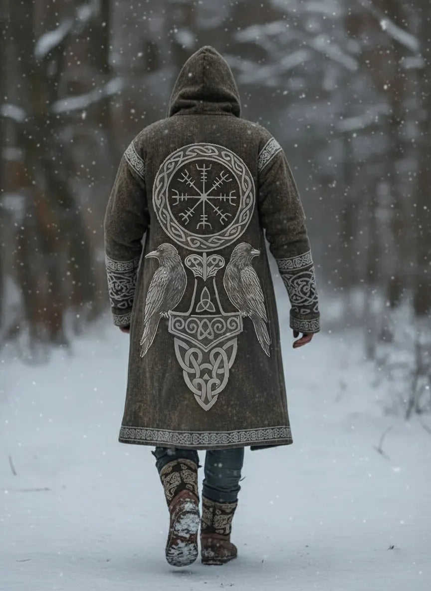 Men's Viking Raven Fleece-Lined Hooded Jacket - Gray Vintage Print