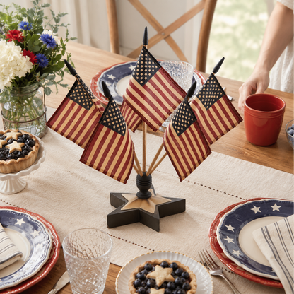Rustic American Flag Wall Display – Five Tea-Stained Flags In Cast Iron Holder