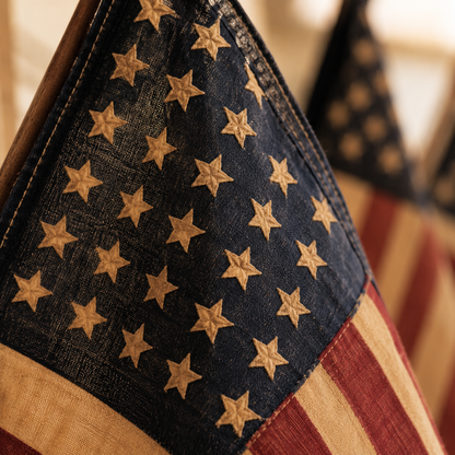 Rustic American Flag Wall Display – Five Tea-Stained Flags In Cast Iron Holder