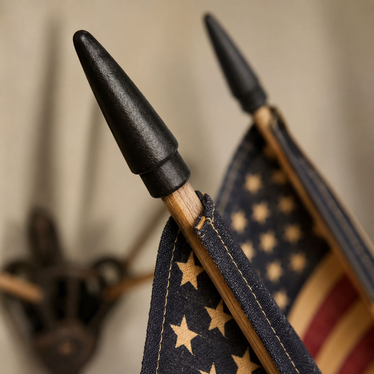 Rustic American Flag Wall Display – Five Tea-Stained Flags In Cast Iron Holder