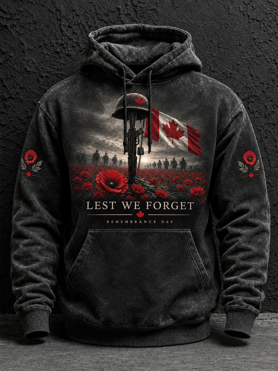 Men's Lest We Forget Canada Remembrance Day Print Oversized Drop-Shoulder Hoodie