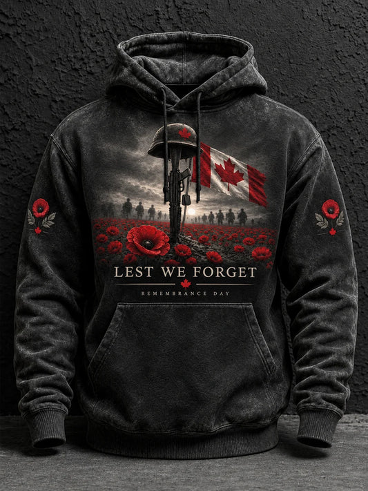 Men's Lest We Forget Canada Remembrance Day Print Oversized Drop-Shoulder Hoodie