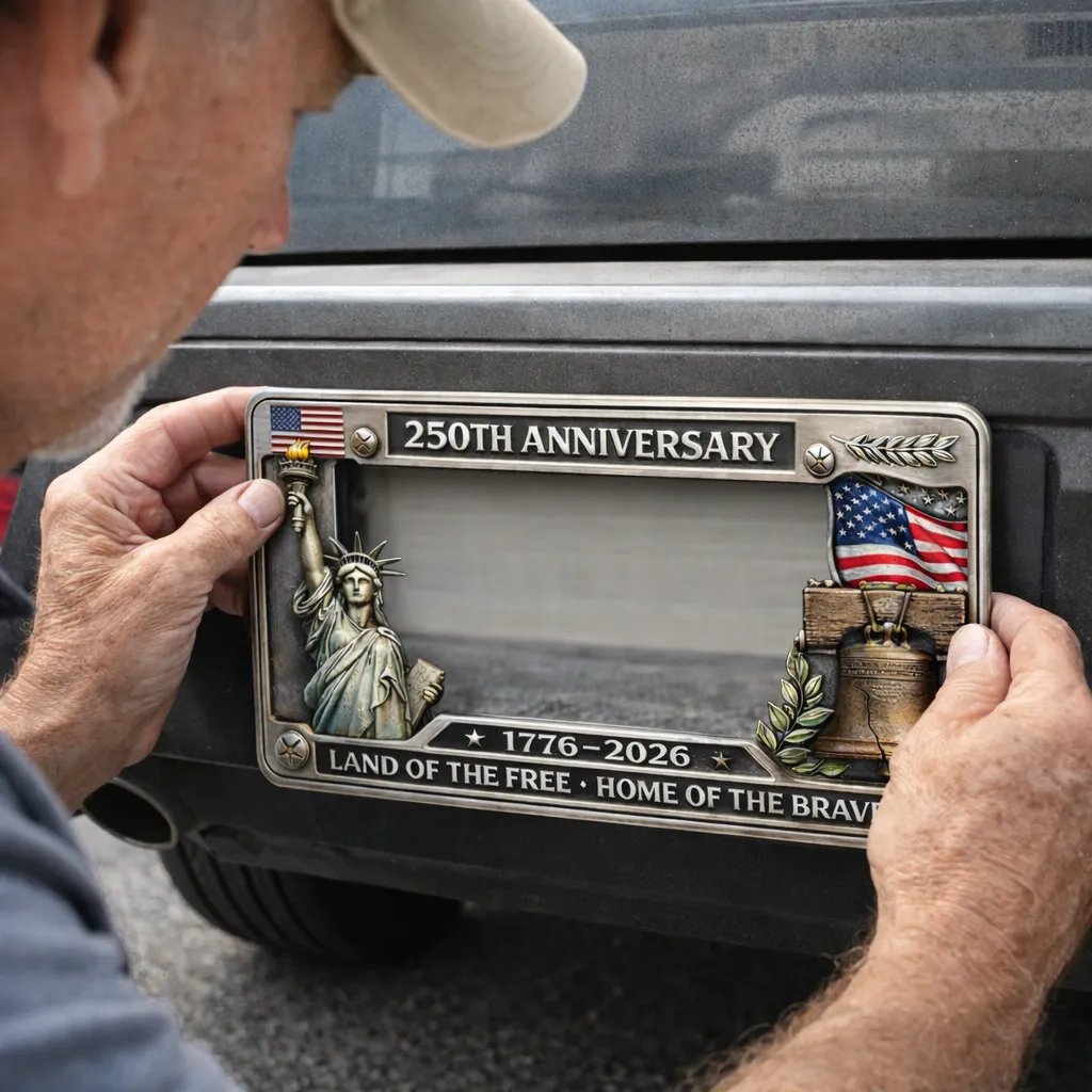 United States 250th Anniversary commemorative license plate frame with Statue of Liberty, Liberty Bell and American flag