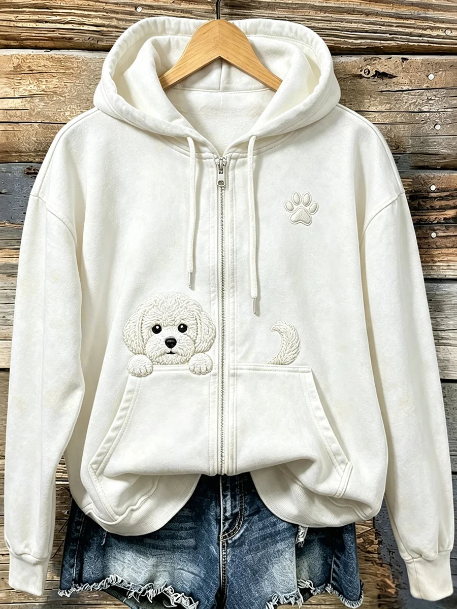 Women's Cute Peeking Bichon Frize with Paw Print Cozy Zip-Up Hoodie